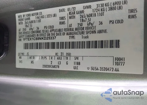 2022 Ford F-150 Xlt из США, поврежденный, VIN 1FTEX1C88NKD25337